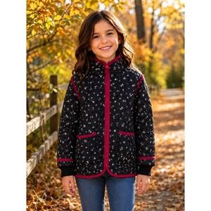Free Assembly Girls M 7/8 Quilted Floral Jacket Black Burgundy Lightweight